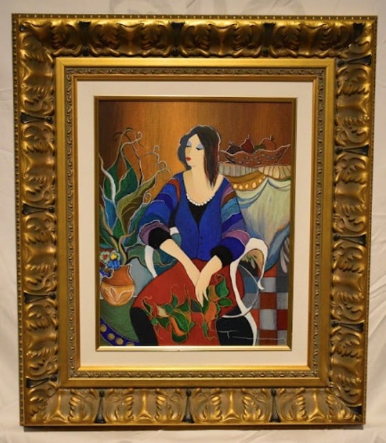 Itzchak Tarkay Daydreaming 8: Itzchak Tarkay "Daydreaming #8" 2006 15 1/4" x 11 7/8" image size serigraph in color on canvas. Hand-signed in ink by the artist. Gallery framed, COA, Appraisal. JS