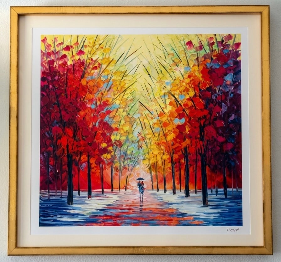 Slava Ilyayev Walkint in the Rain Ver XLVII: Slava Ilyayev "Walking in the rain Ver. XLVII (Promo)" 2024 27" x 27" image size Lithograph with spot varnish. Printed signature lower right. Framed, COA. JK