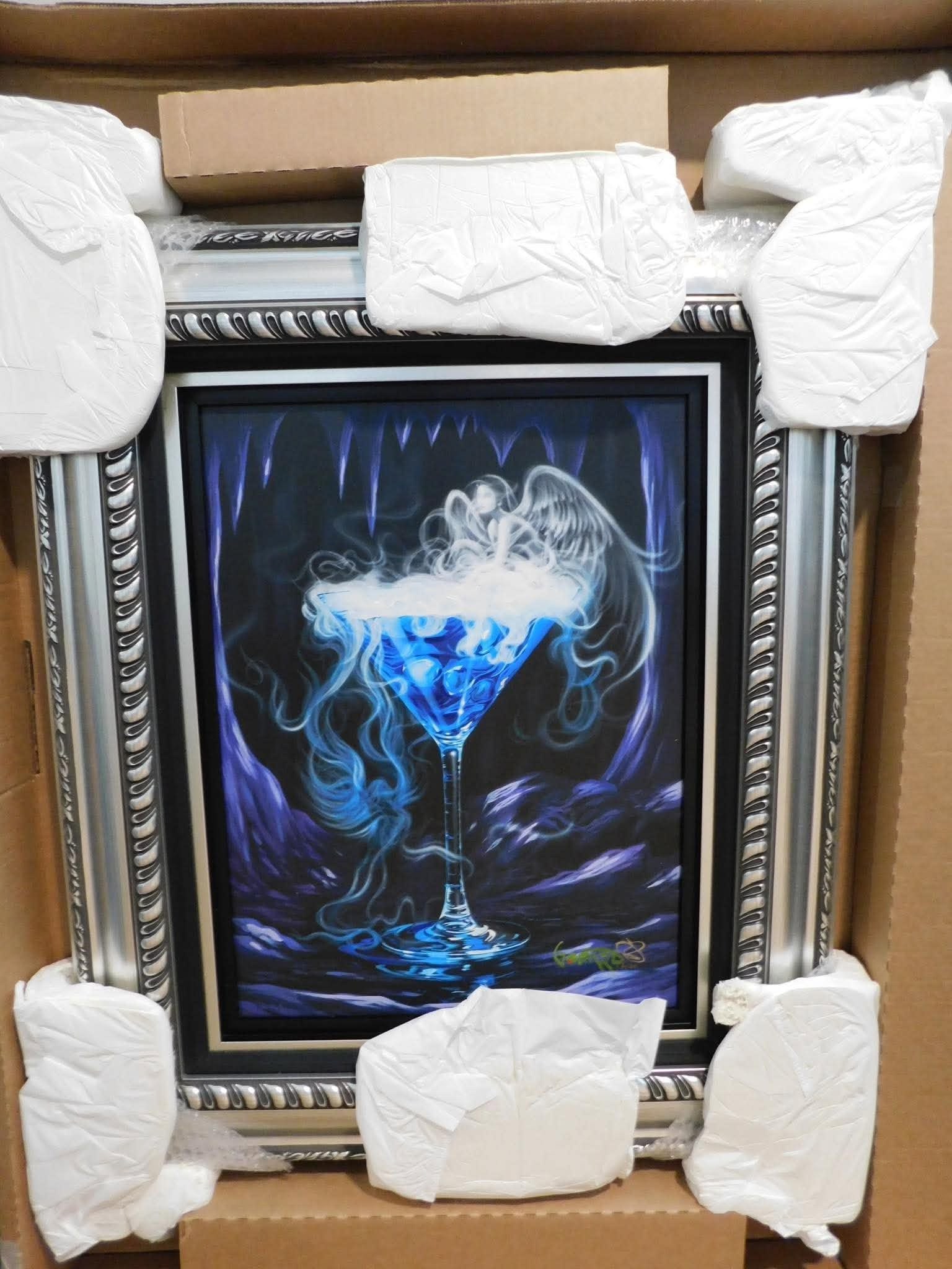 Michael Godard Martini for Angels: Michael Godard "Martini for Angels" 2021 22 1/2" x 16 3/4" image size Giclee in color with hand-embellishment on canvas. Hand-signed in ink lower right by the artist. Gallery framed, COA, appraisal BH