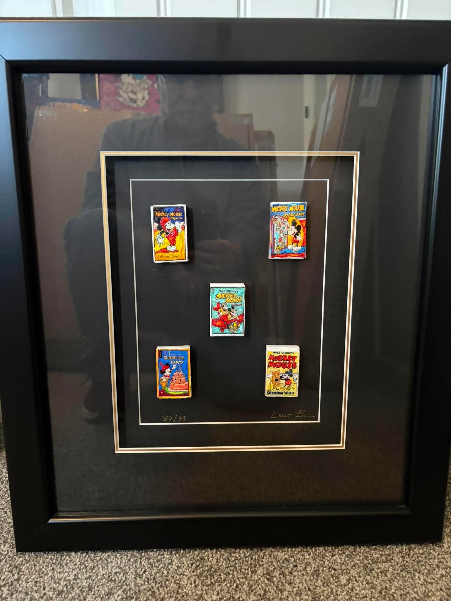 Leslie Lew Working mickey / matchbox: Leslie Lew "Working Mickey / Matchbox" 2022 1" x 8 1/2" image size Matchboxes with sculpture acrylic onm canvas. Signed in pigment lower right by the artist. Gallery framed, COA, Appraisal. BH