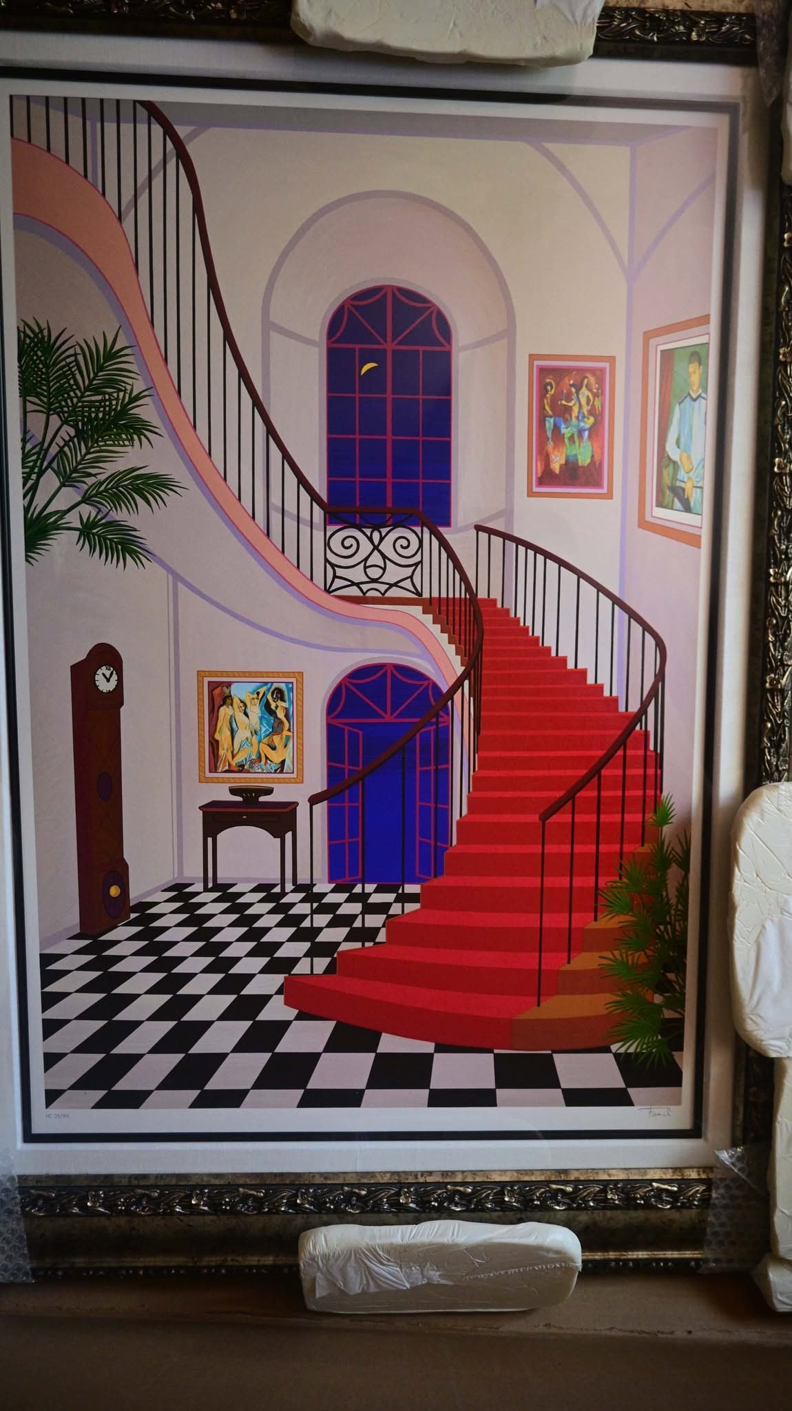 Fanch (francois Ledan) Interior with Red Staircase: Fanch (Francos Ledan) "Interior with Red Staircase" 34 1/4" x 23 5/8" image size. Serigraph in color on wove paper. Signed in pencil and numbered. Gallery framed. Appraisal. RM