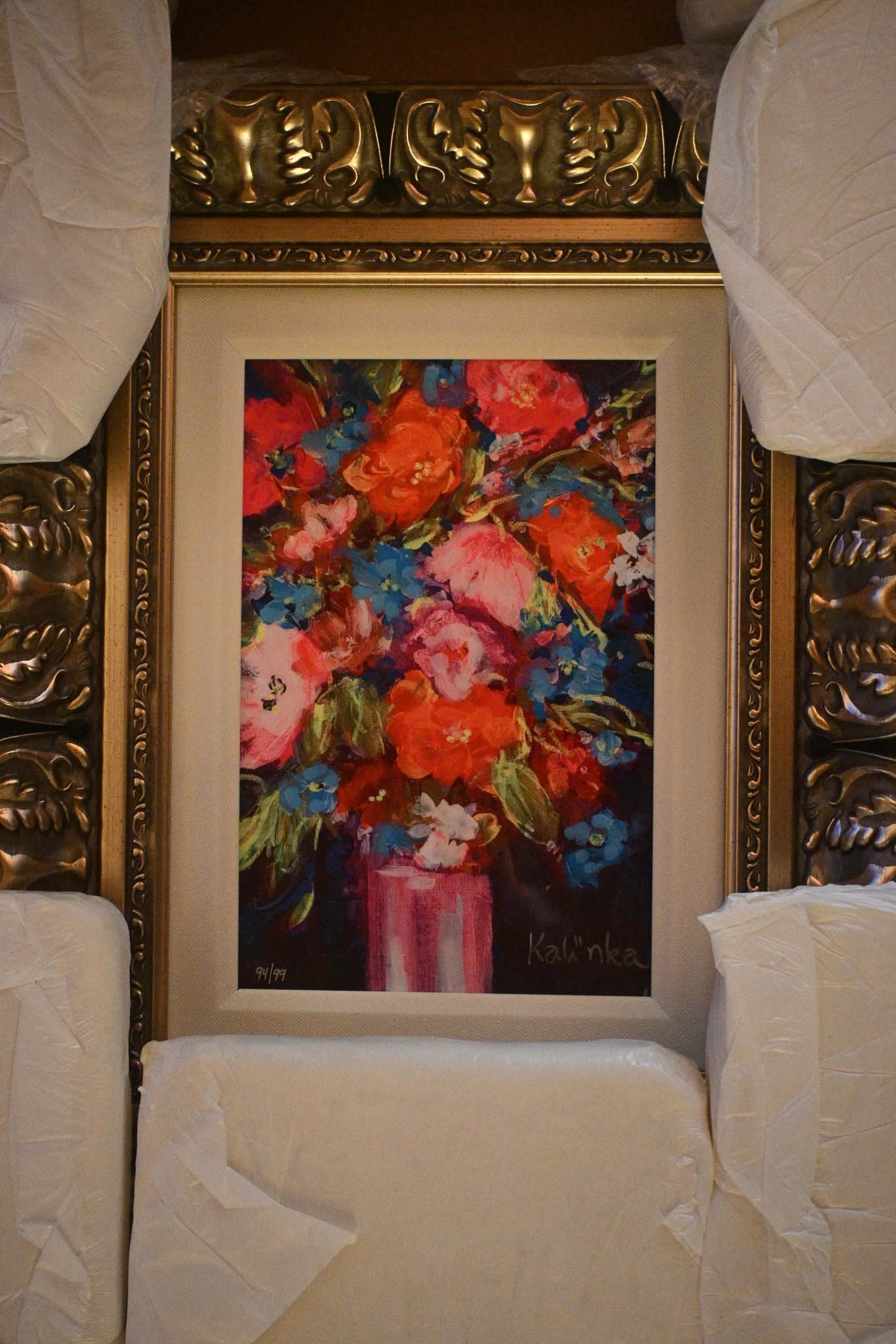 Kalinka Duaiv Fleurs Flashi: Kalinka Duaiv "Fleurs Flashi" 12" x 8" image size. Caldograph (digital multiple through dye sublimation on wood) hand signed pigment by artist. Galley framed. Appraisal. BM