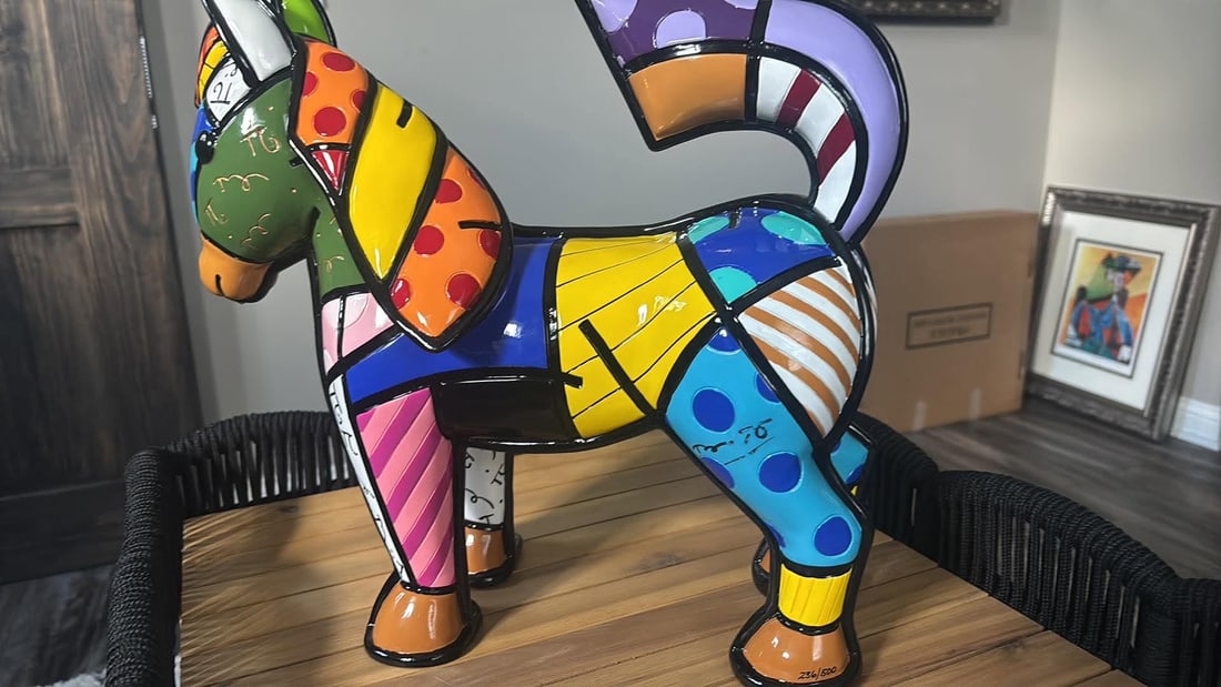 Romero Britto Ganz: Romero Britto "Ganz" 2020 14 3/4" x 15" x 6 1/2" Hand painted sculpture, handcrafted in resin. Hand-signed in pigment by the artist. TH