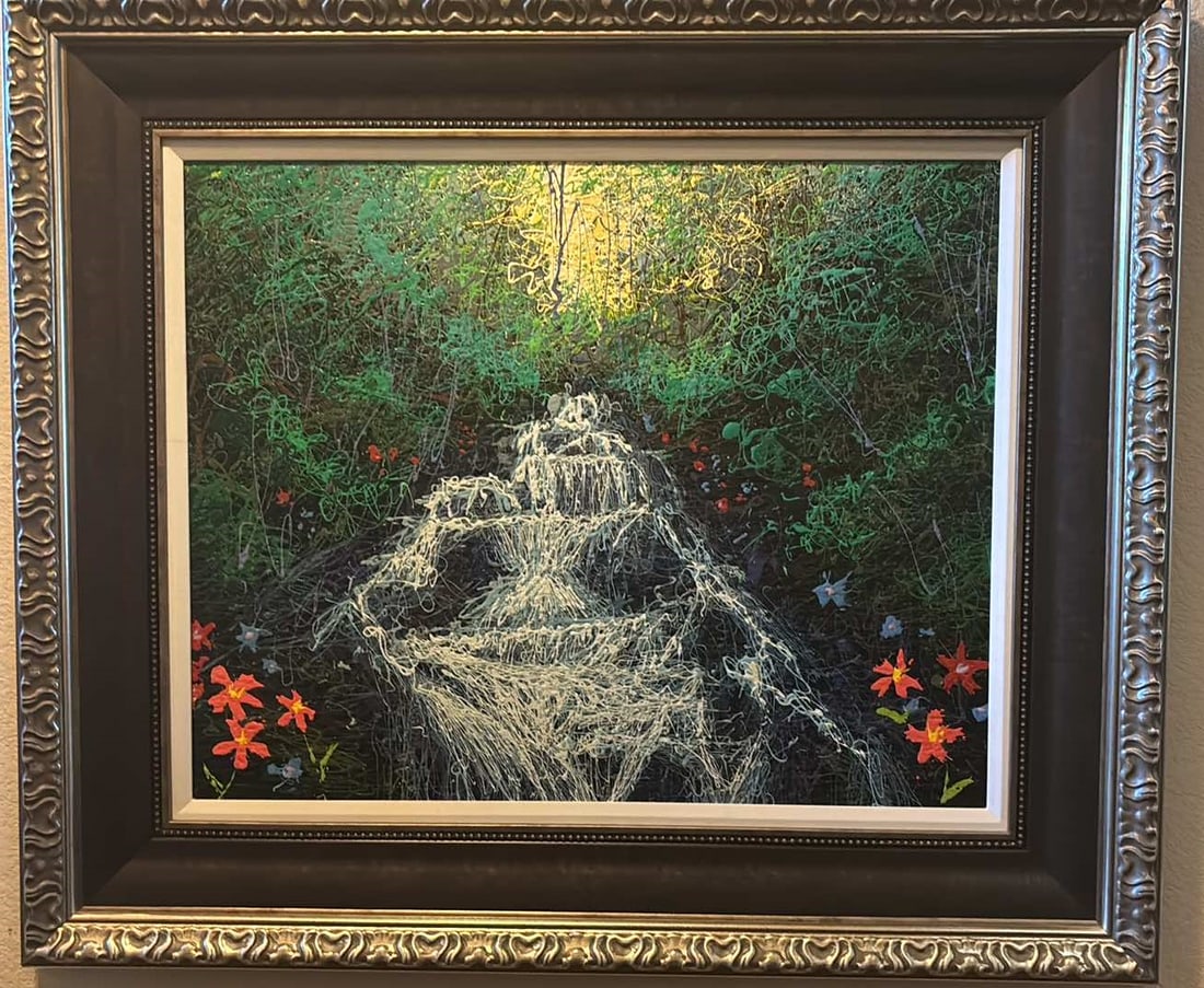 Waterfall Garden: Mike Romero "Waterfall Garden" 24"x30" (Image size) Acrylic painting on canvas. Hand-signed in pigment lower right by the artist. Signed and titled on verso. A unique work. Gallery framed, COA,Apprasi