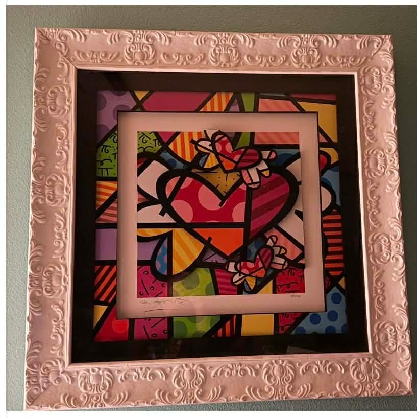 Romero Britto Soaring Hearts: Romero Britto "Soaring Hearts" 2017 22 5/8" x 22 5/8" image size Three dimensional serigraphy construction in color with cut-outs in serigraphy. Hand signed in pencil by the artist lower left.