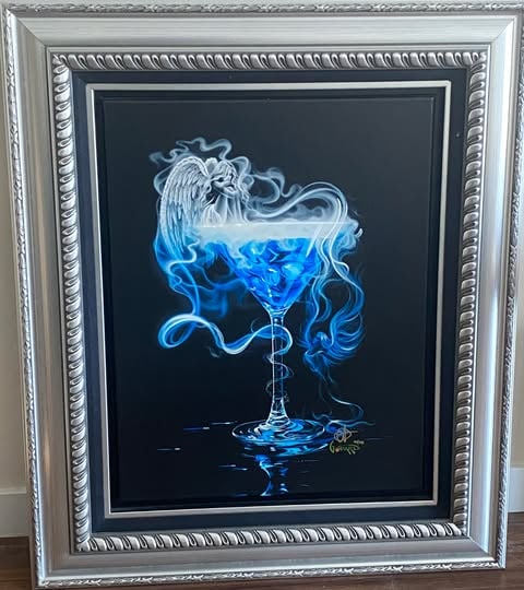 Michael Godard A Drink With Angels: Michael Godard "Drink with an Angel" 2020 23" x 17 1/2" image size Giclee in color with hand-embellishment on canvas. Hand-signed in ink lower right by the artist. Gallery framed, no paperwork IN