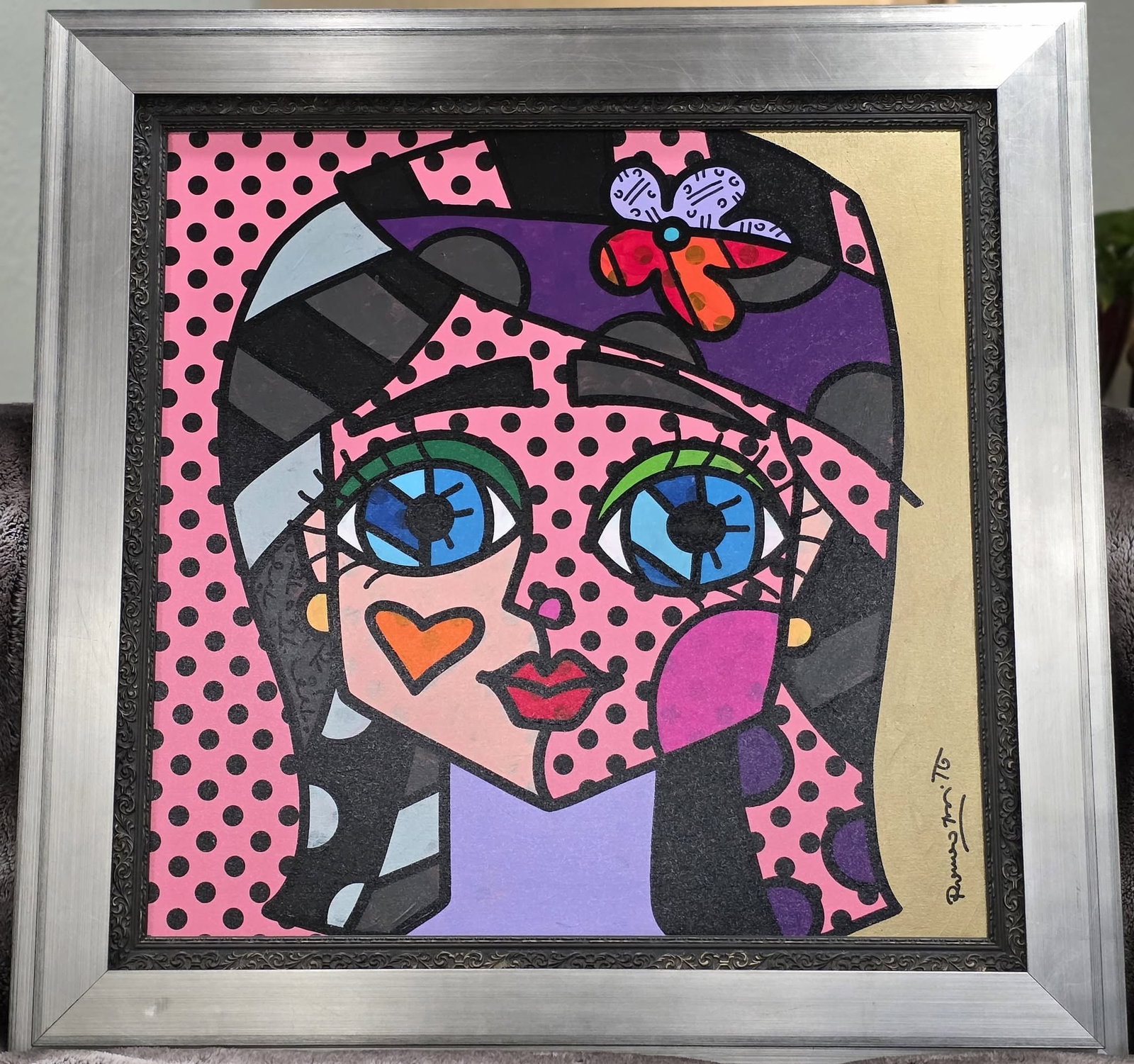 Romero Britto Lilly: Romero Britto "Lily" 2016 30" x 30" image size Oil pen and acrylic paint on canvas. Hand-signed in pigment lower right by the artist. A Unique work. Gallery framed, COA, Appraisal. MS