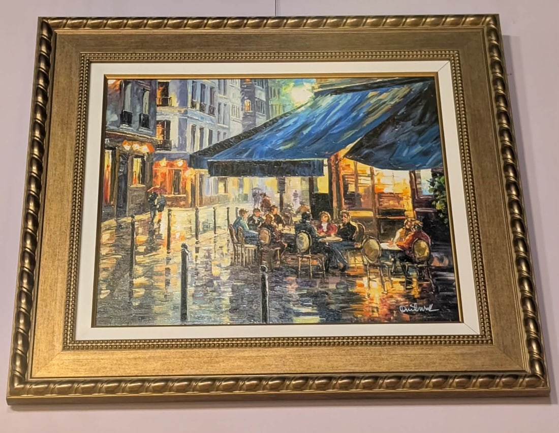 Daniel Wall Small Caf: Daniel Wall "Small cafe" 2021. 20" x 24" image size. Giclee in color with hand embellishment on canvas. Hand signed in ink lower right by artist. Gallery Framed. Appraisal. SS