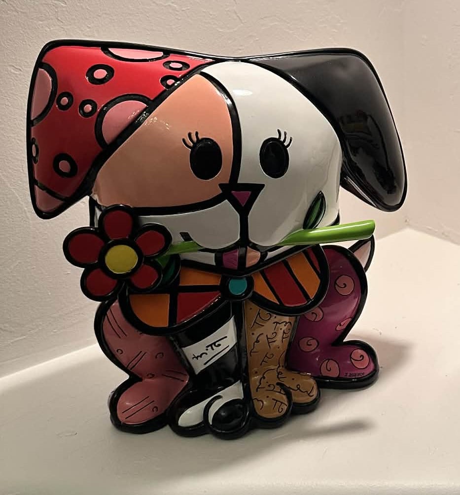 Romero Britto Puppy Flower: Romero Britto "Puppy Flower" 2019 12 1/2" x 12 3/8" Hand painted sculpture, handcrafted in resin. Hand-signed in pigment lower center by the artist. Appraisal, AB