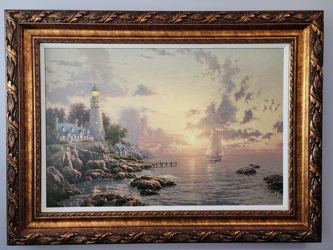 Thomas Kinkade Sea of Tranquility: Thomas Kinkade "Sea of Tranquility" 24" x 36" image size. Giclee in color with acrylic embellishment on canvas. Signed with artist's authorized signature applied through artist's estate using autopen 