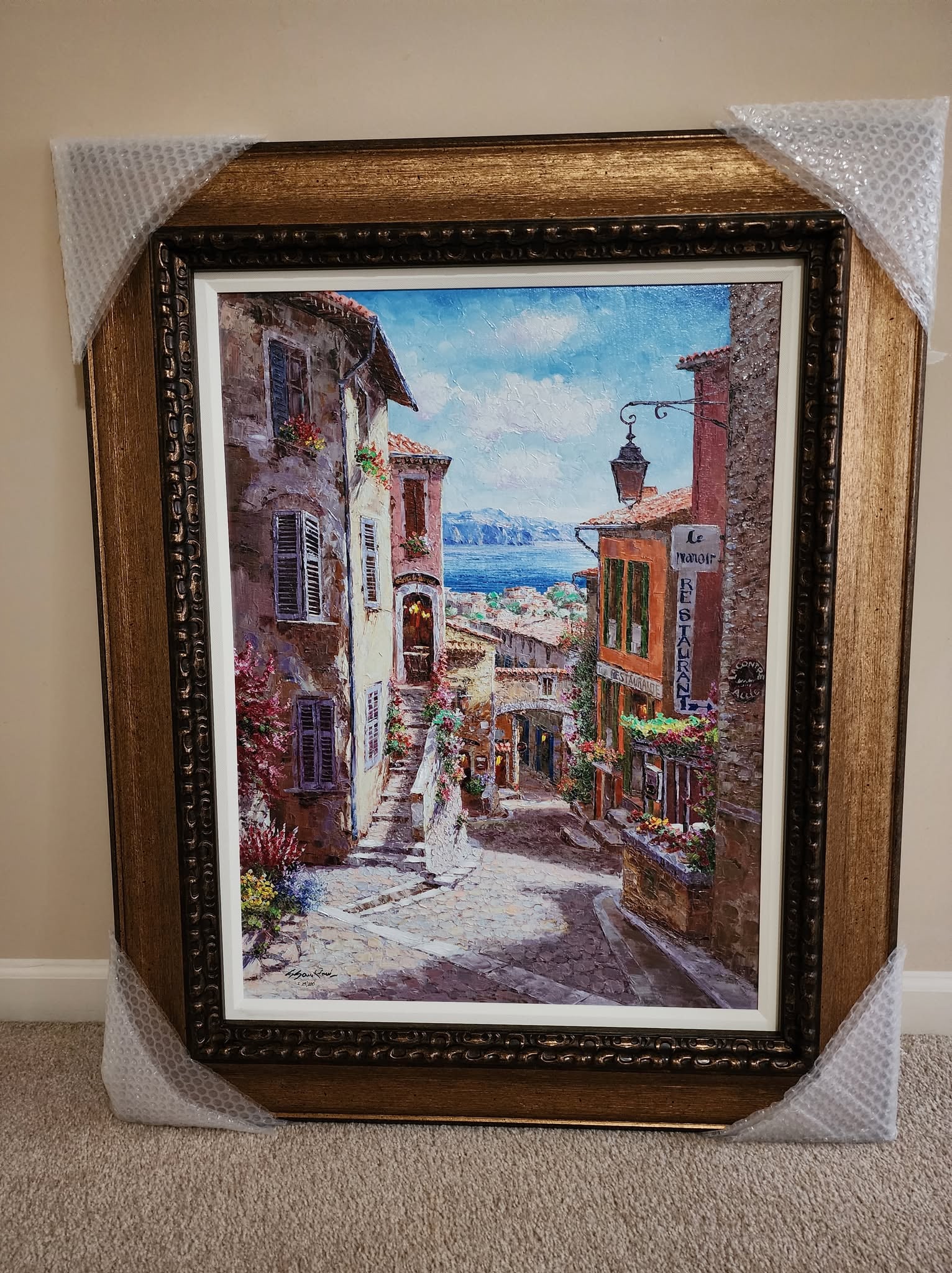 Sam Park Haut de Cagne: Sam Park "Haut De Cagne" 23" x 21" image size. Gicleee in color with hand embellishments on canvas. Hand signed in igment lower left by artist. Gallery framed. COA. Appraisal. HS