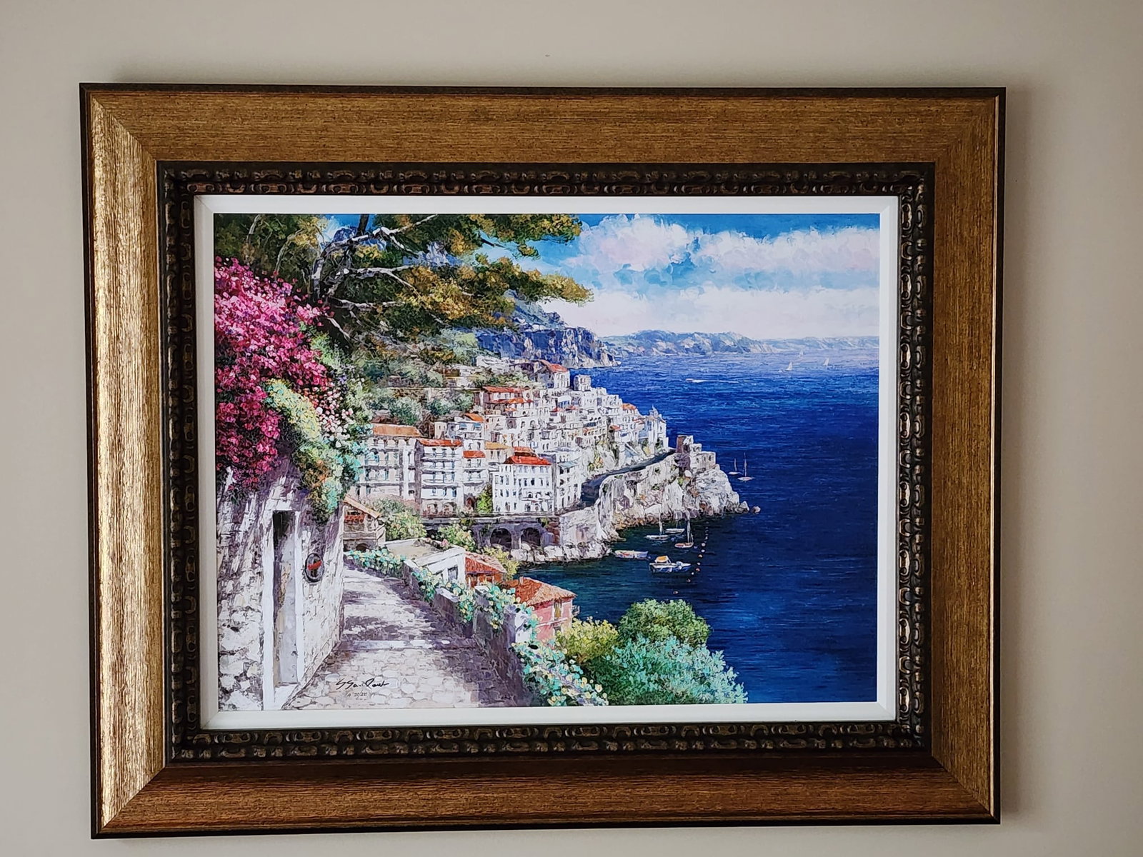 Sam Park Pathway Amalfi II: Sam Park "Pathway Amalfi II" 21" x 28" image size. Gicleee in color with hand embellishments on canvas. Hand signed in igment lower left by artist. Gallery framed. COA. Appraisal. HS