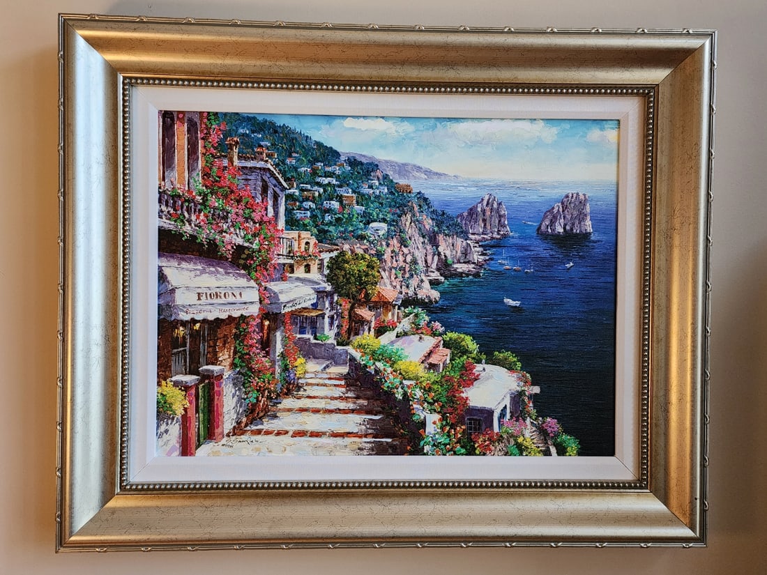 Sam Park Sur La Mer: Sam Park "Sur La Mer" 28" x 21" image size. Giclee in color on canvas. Hand signed by artist in ink and numbered in Arabic. Gallery framed. COA Appraisal. HS