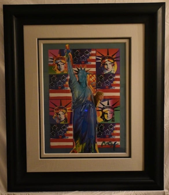 Peter Max God Bless America: Peter Max "God Bless America III - With F" 24" x 18" image size 2005 Mixed media with acrylic painting and color lithography on paper. Signed in acrylic. A unique variation. Gallery framed, COA,