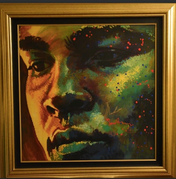 Simon Bull Beautiful Dreamer CXXVIII: Simon Bull - Muhammad Ali "Beautiful Dreamer CXXVIII" 2008 29 7/8" x 30" image size mixed media painting on canvas. This is one of a series of painting based on the same image. Gallery framed, COA, Ap