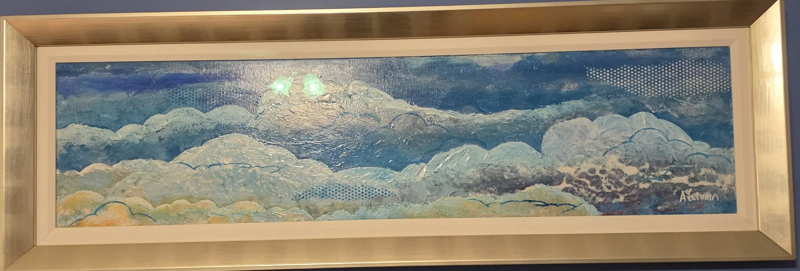 Autumn De Forest "Lichtenstein Clouds (Blue)": Autumn DeForest "Lichtensten Clouds (Blue)" 12 1/16 "x 48" image size. Acrylic painting on wood panel. Hand signed in pigment lower right by the artist. Artist placed her handpring in pigment on