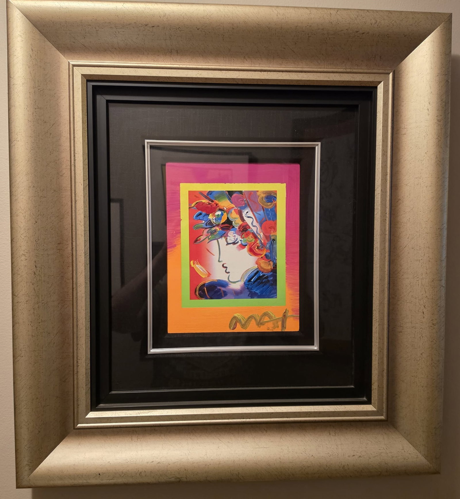 Peter Max Blushing Beauty on Blends 2006: Peter Max "Blushing Beauty on Blends" 10" x 8" image size. mixed media with acrylic paining and color lithogrpahy on paper. Signed in acrylic. A unique variation. Galleryframed. COA. Appraisal. LB