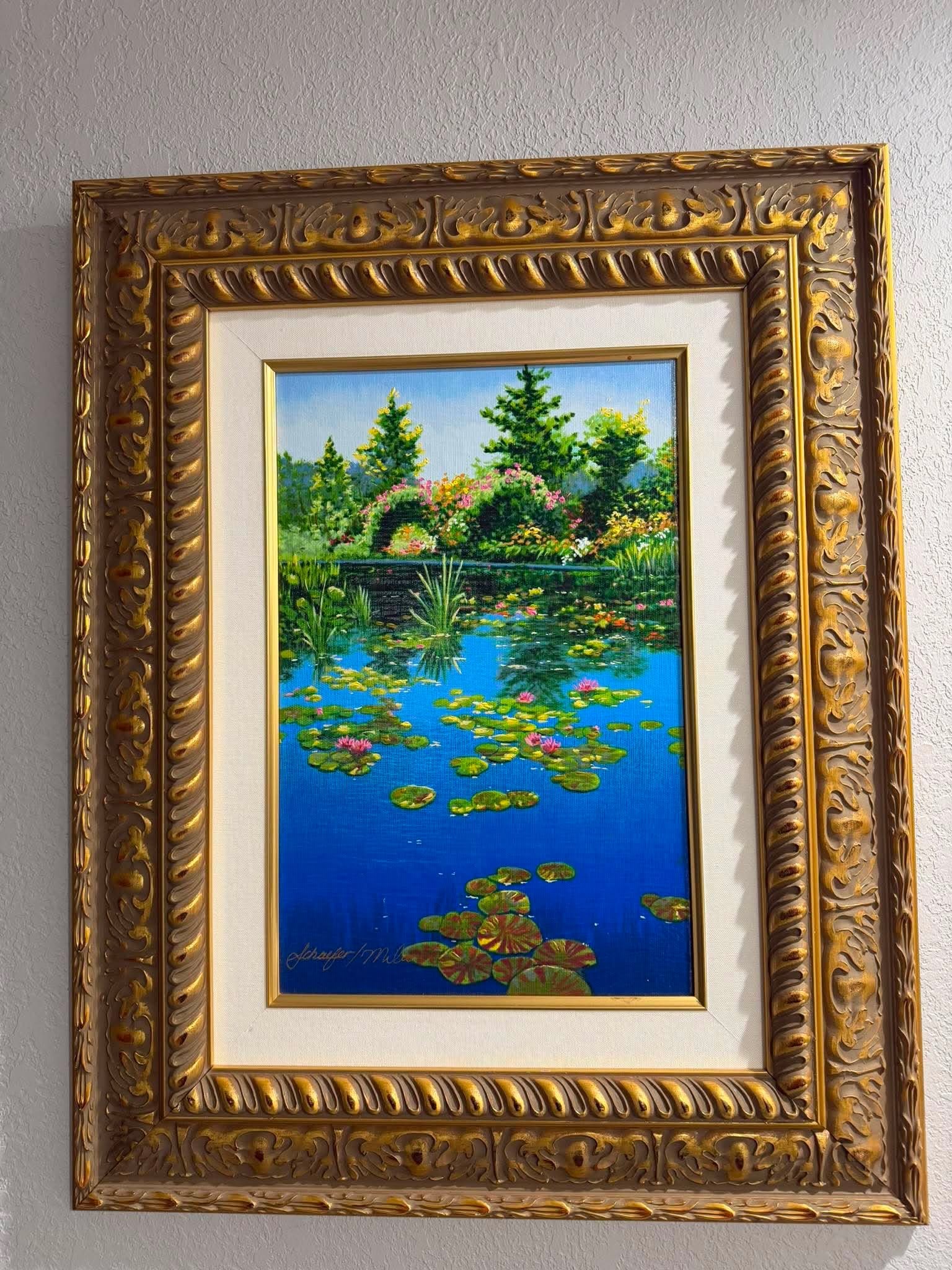 Miles Schaefer Garden Reflections: Miles Schaefer "Garden Reflections" 2006 16 1/4" x 11" image size serigraph in color on canvas with hand painting by the artist. Gallery framed, COA, Appraisal.