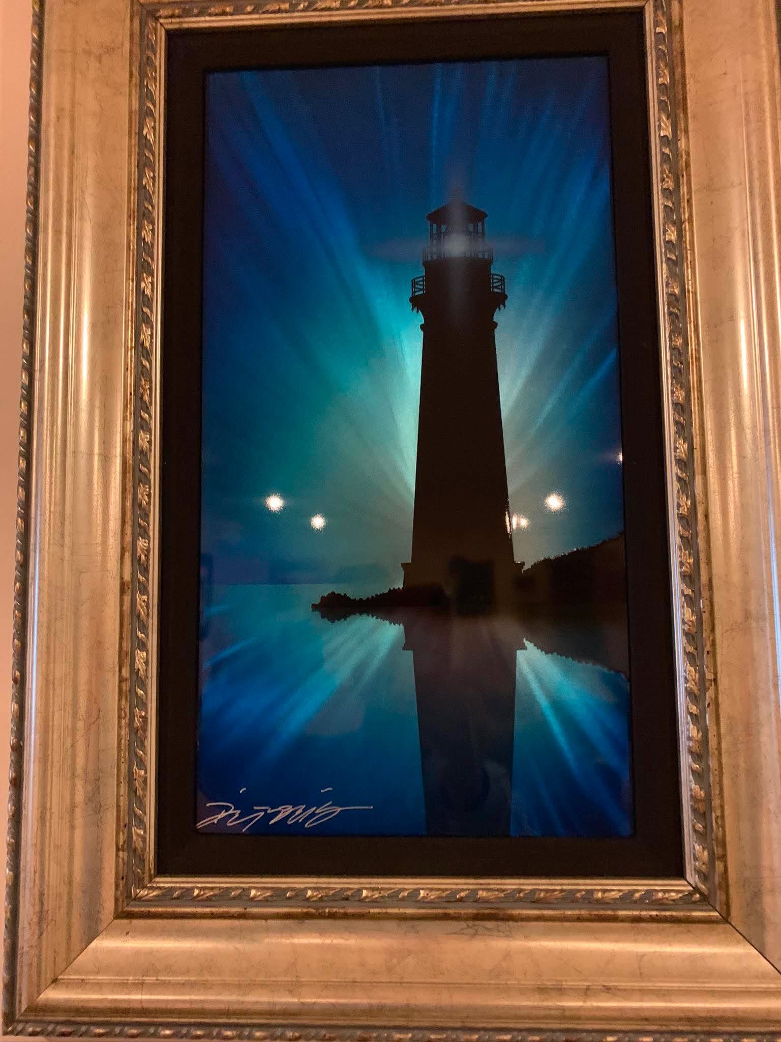Chris Derubeis The Lighthouse: Chris Derubeis "The Lighthouse" 2015 18" x 10" image size Mixed media on aluminum including air-brush painting nad hand ground surfaces. Hand-signed in pigment lower left by the artist. A unique work.