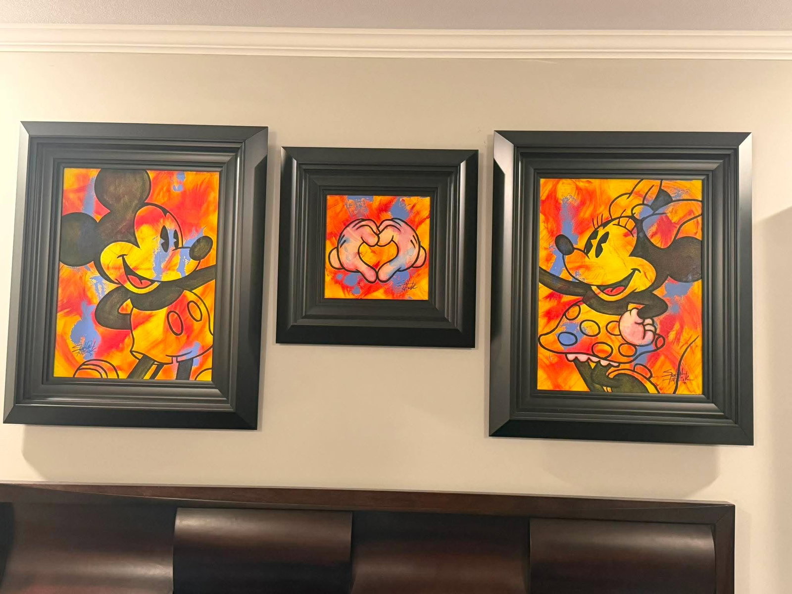 Fishwick Mickey and Minnie in Love: Fishwick "Mickey and Minnie in Love" 3 piece setp 2026 Acrylic painting on canvas. Hand-sigend in pigment by the artist. A unique variation. Gallery framed, COA, HH