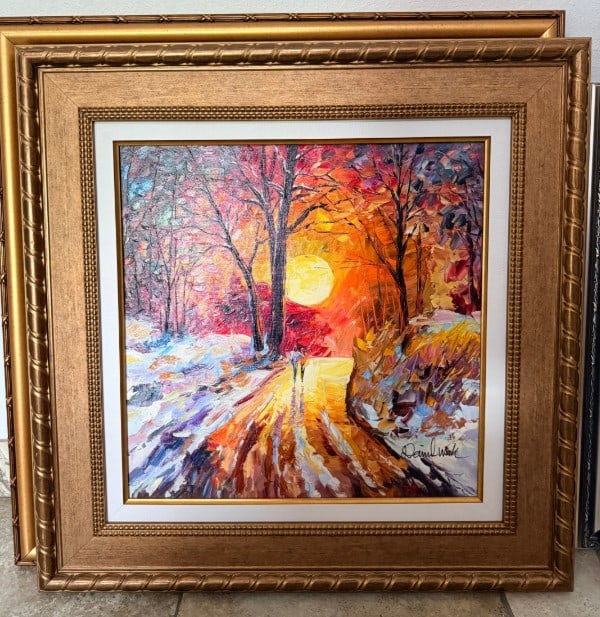 Daniel Wall Lights at the End of the Road: Daniel Wall "lights at the End of the Road" 2020 20" x 20" image size Giclee in color with hand-embellishment on canvas. Hand-signed in pigment by the artist. Gallery framed, COA, Appraisal. JK