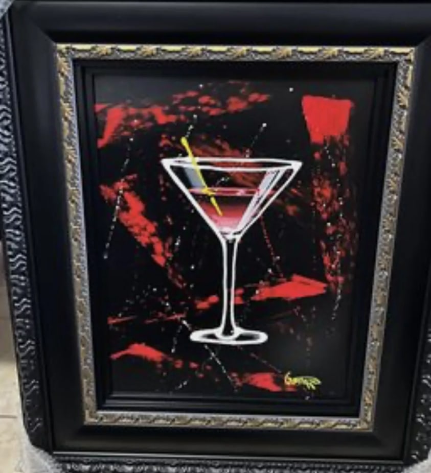 Michael Godard Martini on Black: Michael Godard, "Martini on Black" 2022, 24" 18" (Image size) Mixed media painting with acrylic on canvas. Hand-signed in pigment lower right by the artist. A unique work.