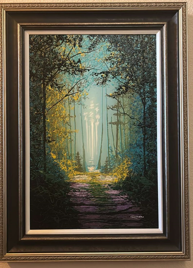 Enchanted: Mike Romero "Enchanted" 2018 36"x24" (Image size) Acrylic painting on canvas. Hand-signed in pigment lower right by the artist. Signed and titled on verso. A unique work. Gallery framed, COA,Apprasial