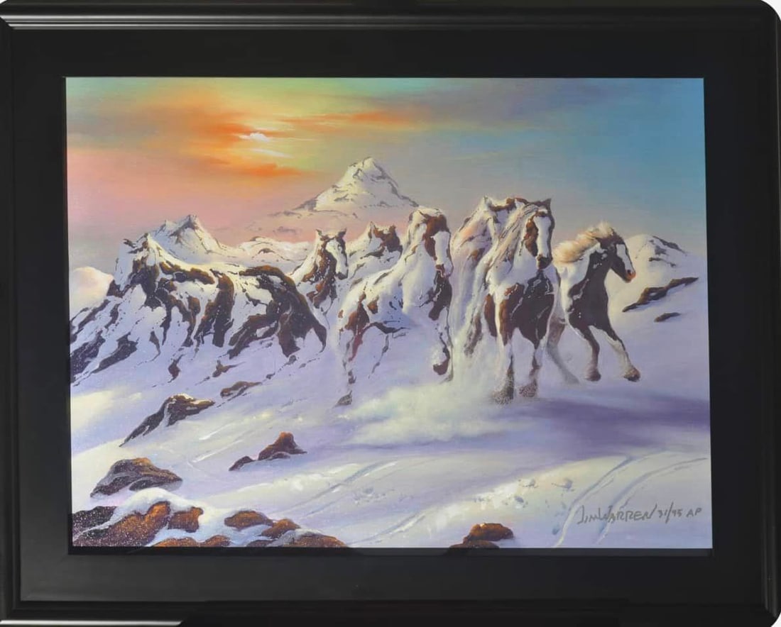 Horses in the Snow: Jim Warren "Horses In The Snow" An equine representation of nature's unpredictability and the beauty within power that mother earth can bring. This print is a 19x24 limited edition AP on canvas which