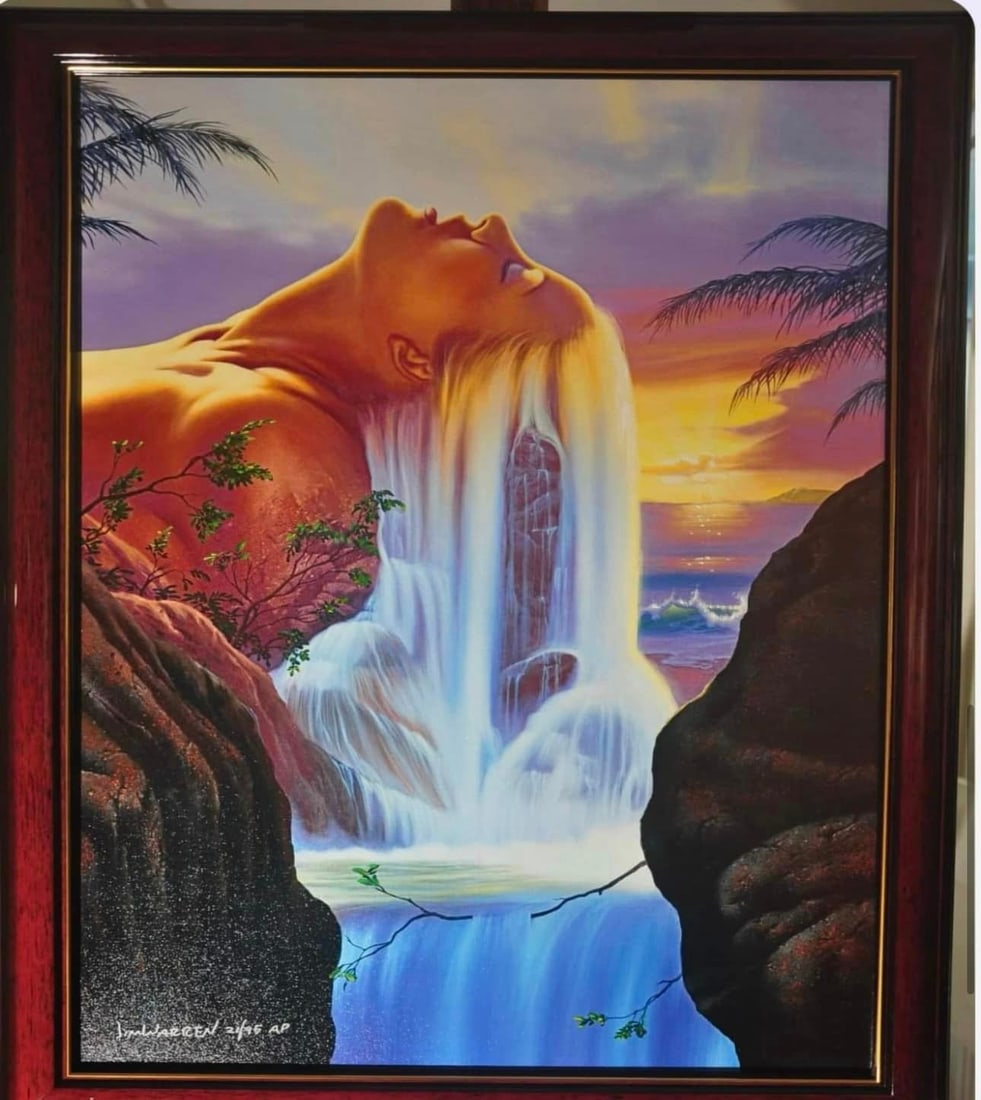 Island Dreams: Jim Warren "Island Dreams" Jim loves anthropomorphizing mother nature, gaia, or your name of choice. In this one she is relaxing on the beach whilst she provides a beautiful waterfall. As her head