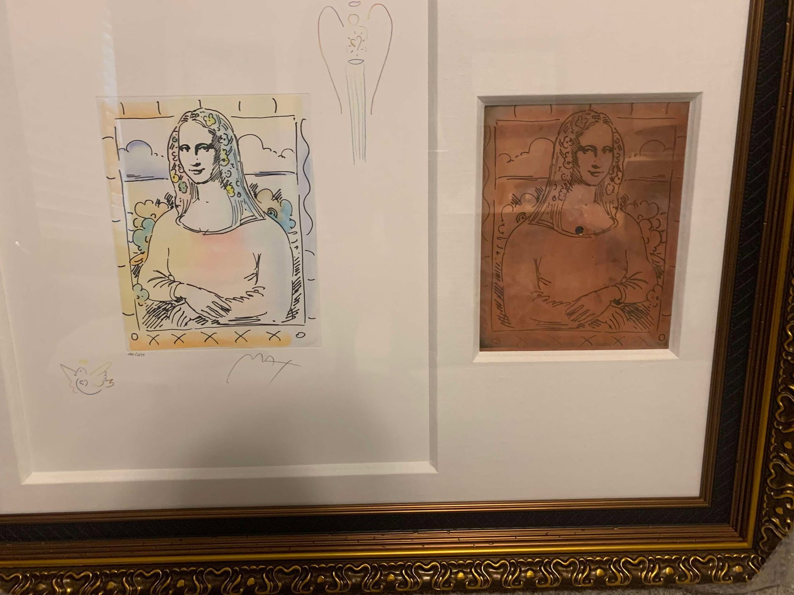 Mona Lisa: Peter Max "Mona Lisa" 2017 11 3/8" x 18 1/8" Image size A collection consisting of an etching with hand-coloring and unique, hand-drawn colored pencil remarques on woven paper and a copper etching