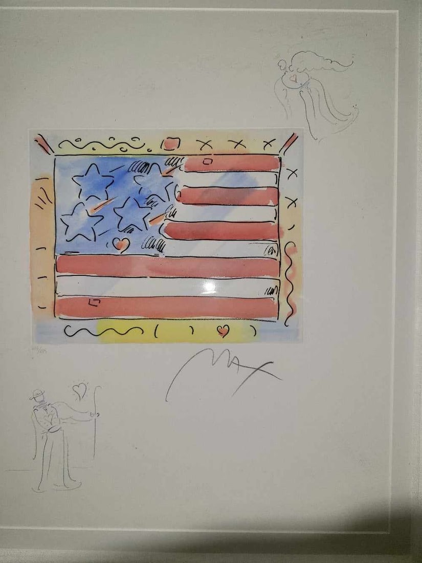 Peter Max Flag with Heart Classic Suite: Peter Max "Flag With Heart" Classic Suite 2015 11 1/4"x9" (Image size) Etching with hand-coloring and unique, hand-drawn colored pencil remarques of an Angel with Heart and Sage with Cane on woven