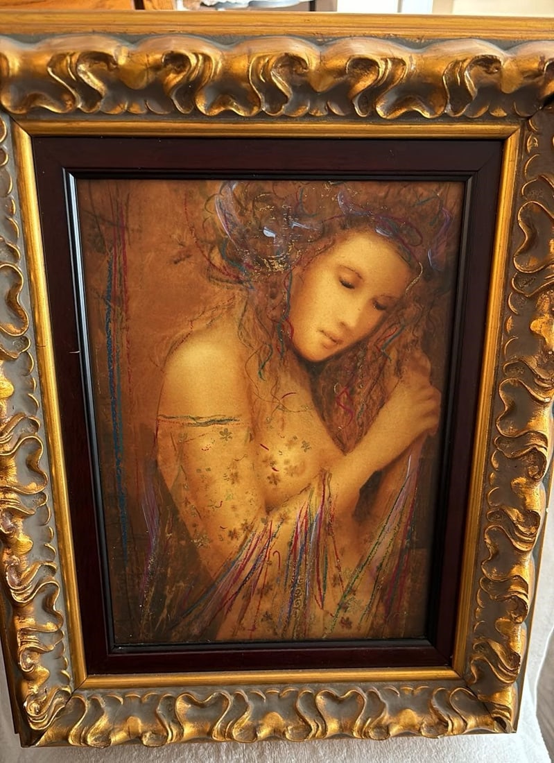 Csaba Markus La Femme Adonia: Csaba Markus "La Femme Adonia" From the La Femme Suite 2006 11 3/4" x 8 1/2" image size Hand-embellished serigraph in color on wood panel. Signed in gold ink lower right and numbered. Gallery framed,