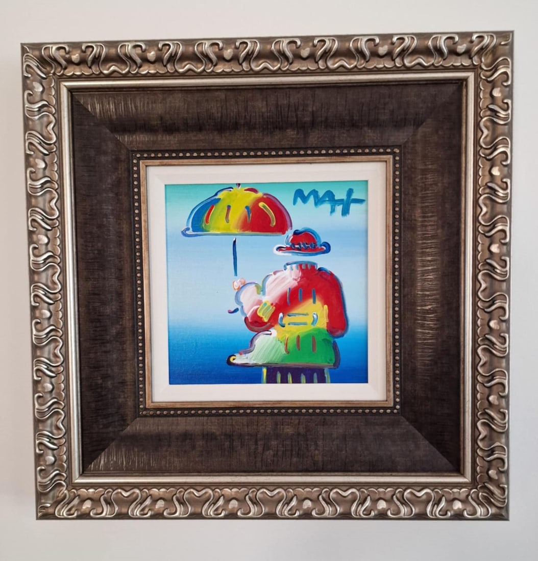 Peter Max Umbrella Man on Blend Ver XI num 444 Unique: Peter Max "Umbrella Man on Blend Ver XI # 444" 2017 10" x 10" image size Acrylic painting on canvas from the peter max studio. Hand-signed in pigment upper right by the artist. A unique work, Gallery 