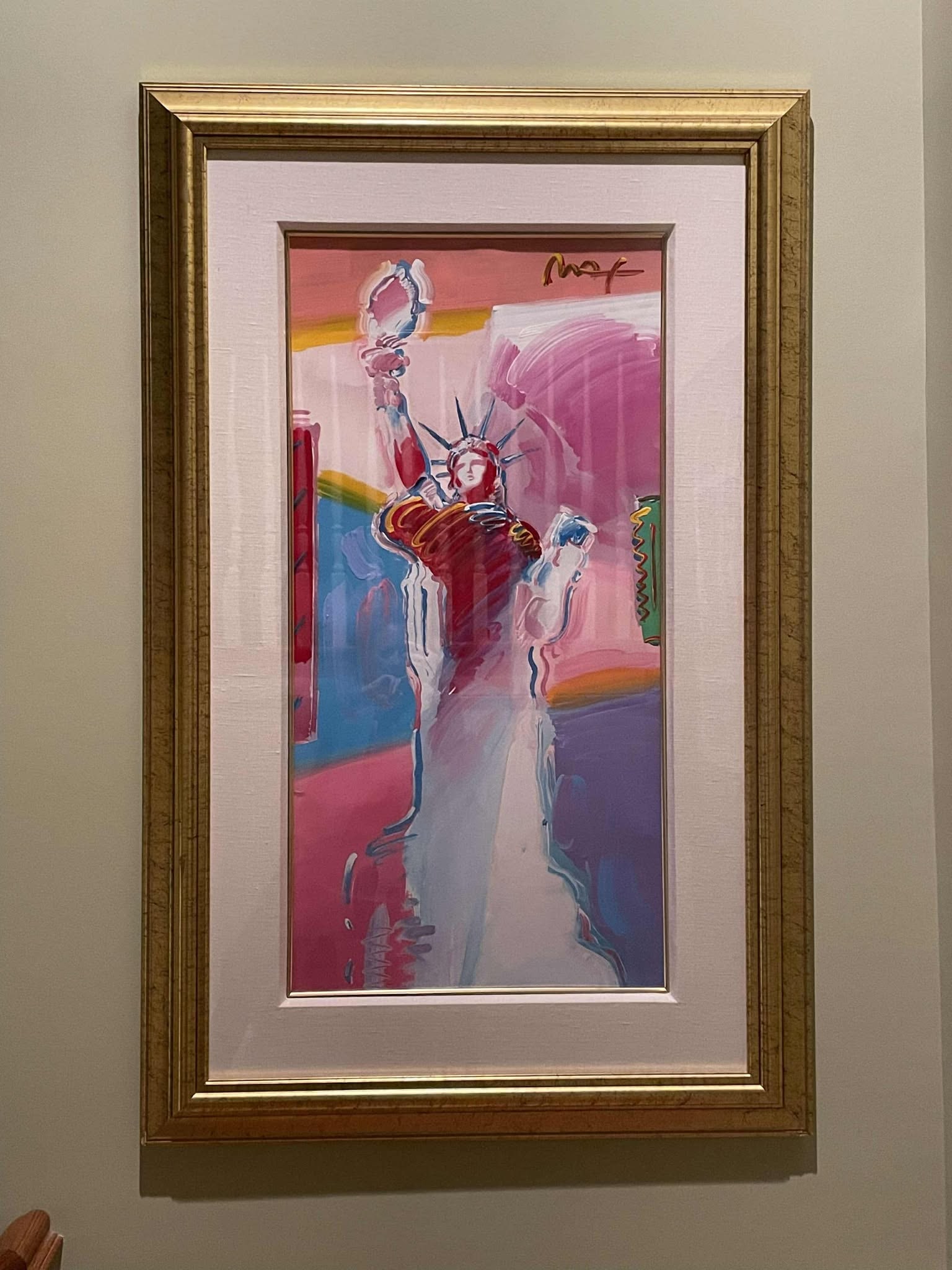 Peter Max Statue Liberty Unique: Peter Max "Statue of Liberty" Unique 2001 39" x 19 3/4" image size Mixed media with acrylic painting and color lithography on paper. Signed in acrylic. A unique variation. Gallery Framed, COA