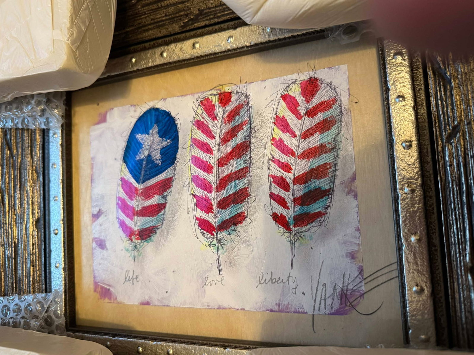 Tim Yanke Spirit Feathers (Life, Love, Liberty) Unique: Tim Yanke "Spirit Feathers (Life, Love, Liberty)" Unique 2018 8" x 10" image size Mixed media painting with pigment, graphite, and ink on wood board. Hand-signed in pencil lower right by the artist.