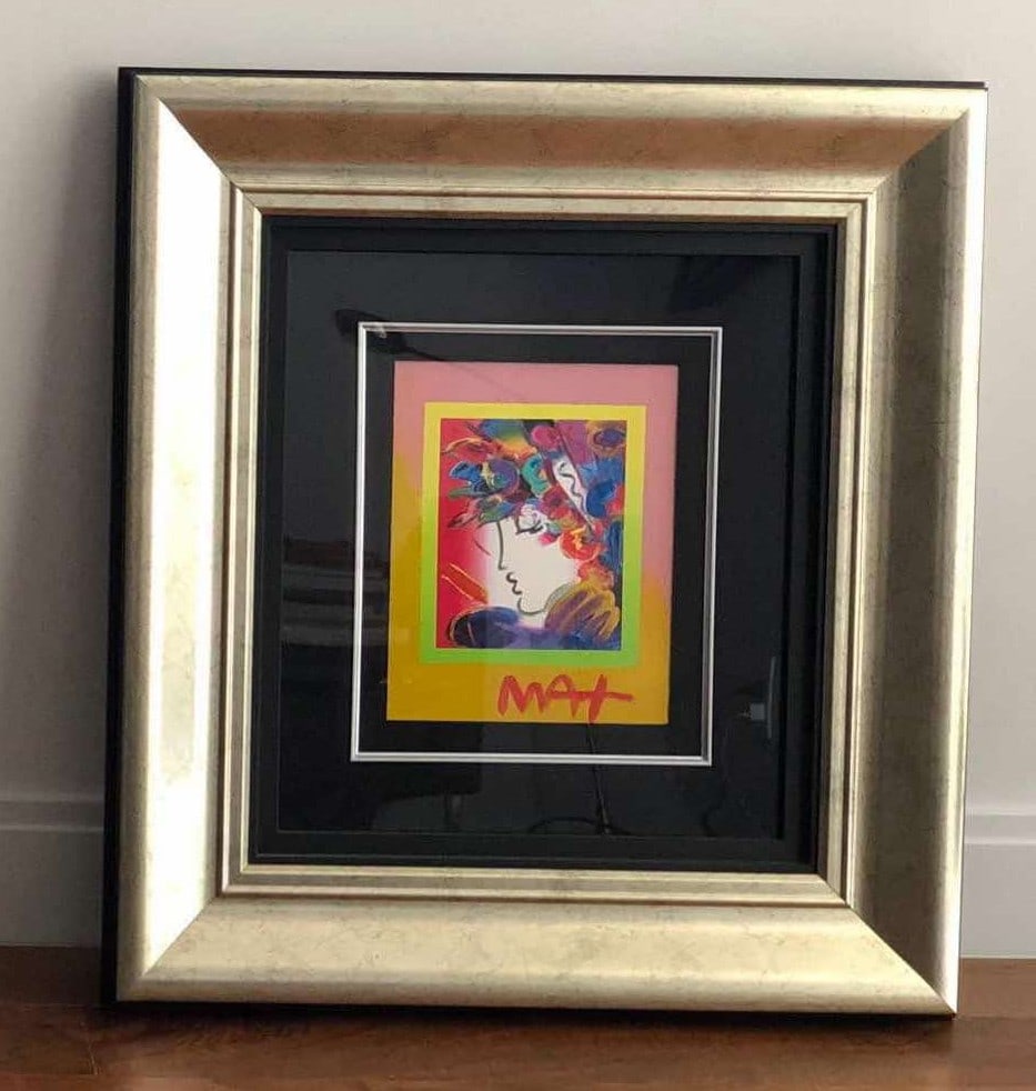 Peter Max Blushing Beauty on Blends Unique: Peter Max "Blushing Beauty on Blends" 2006 10" x 8" image size Mixed media with acrylic painting and color tithography on apper. Hand-signed in acrylic by the artist A Unique variation. Gallery