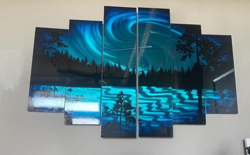 Chris Derubeis Light at Night (6 panels): Chris Derubeis "Light at Night" (6 panels) 2019 44" x 66" image size Mixed media on aluminum including air-brush painting and hand ground surfaces. A unique work. COA, Appraisal