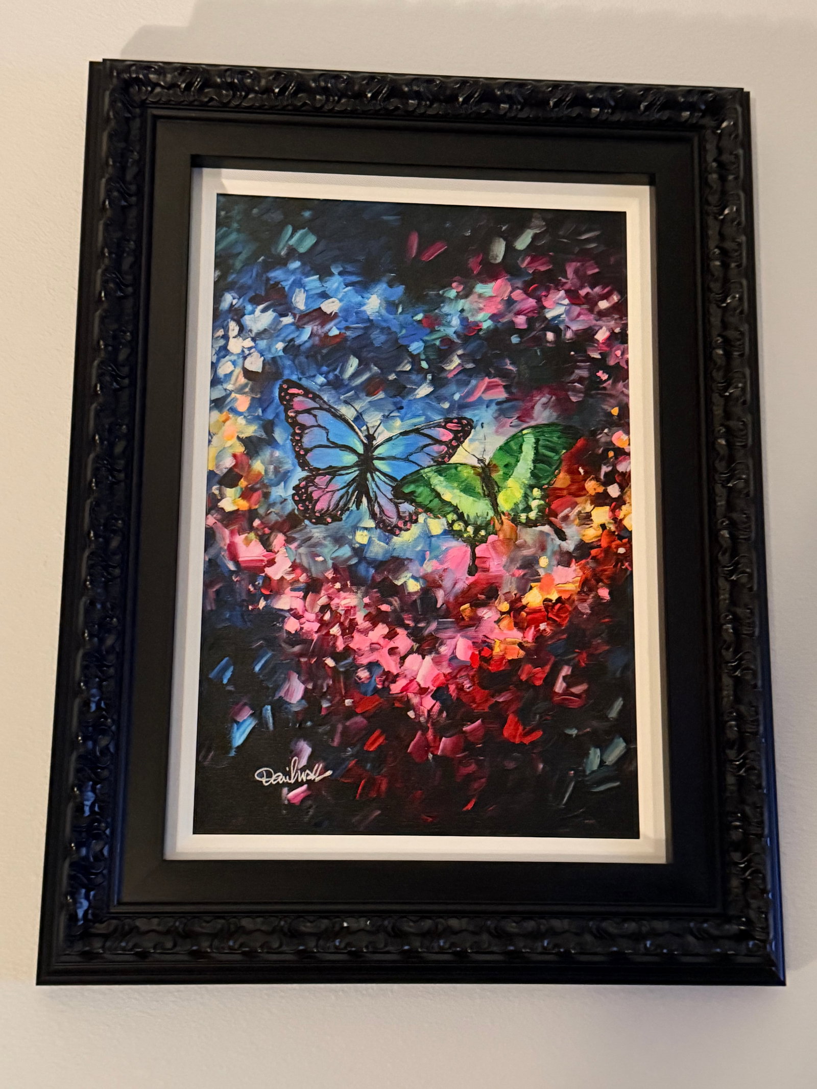 Daniel Wall In Love: Daniel Wall "In Love" 2023 22 1/2" x 15" image size. Giclee in color with hand embellishment on canvas. Hand signed by artist. Gallery Framed. Appraisal. COA, JK
