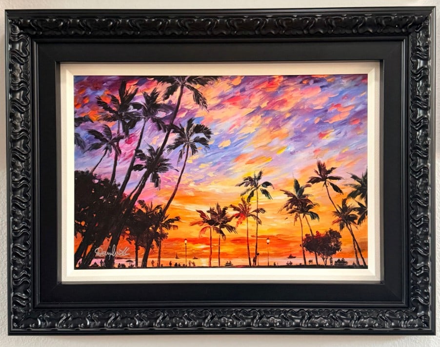 Daniel Wall Sunny Beach: Daniel Wall "Sunny Beach" 2023 14" x 21" image size Giclee in color with hand-embellishment on canvas. Hiand-signed by the artist. Gallery framed, COA, Appraisal JK