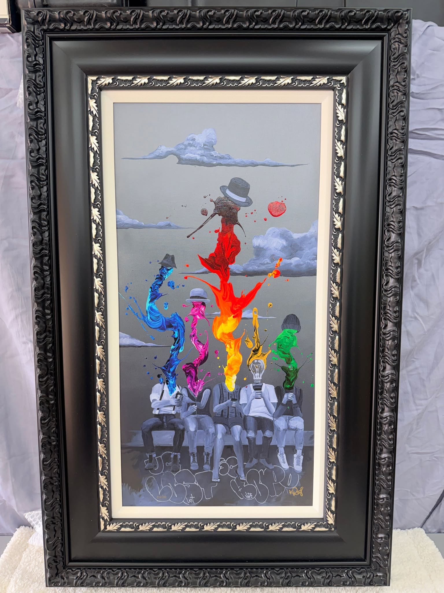 Kre8 Silver Lining: Kre8 "Silver Lining" 2021 32" x 16" image size Giclee in color with hand-embellishment on canvas. Hand-signed by the artist. Gallery framed, COA, Appraisal. DW