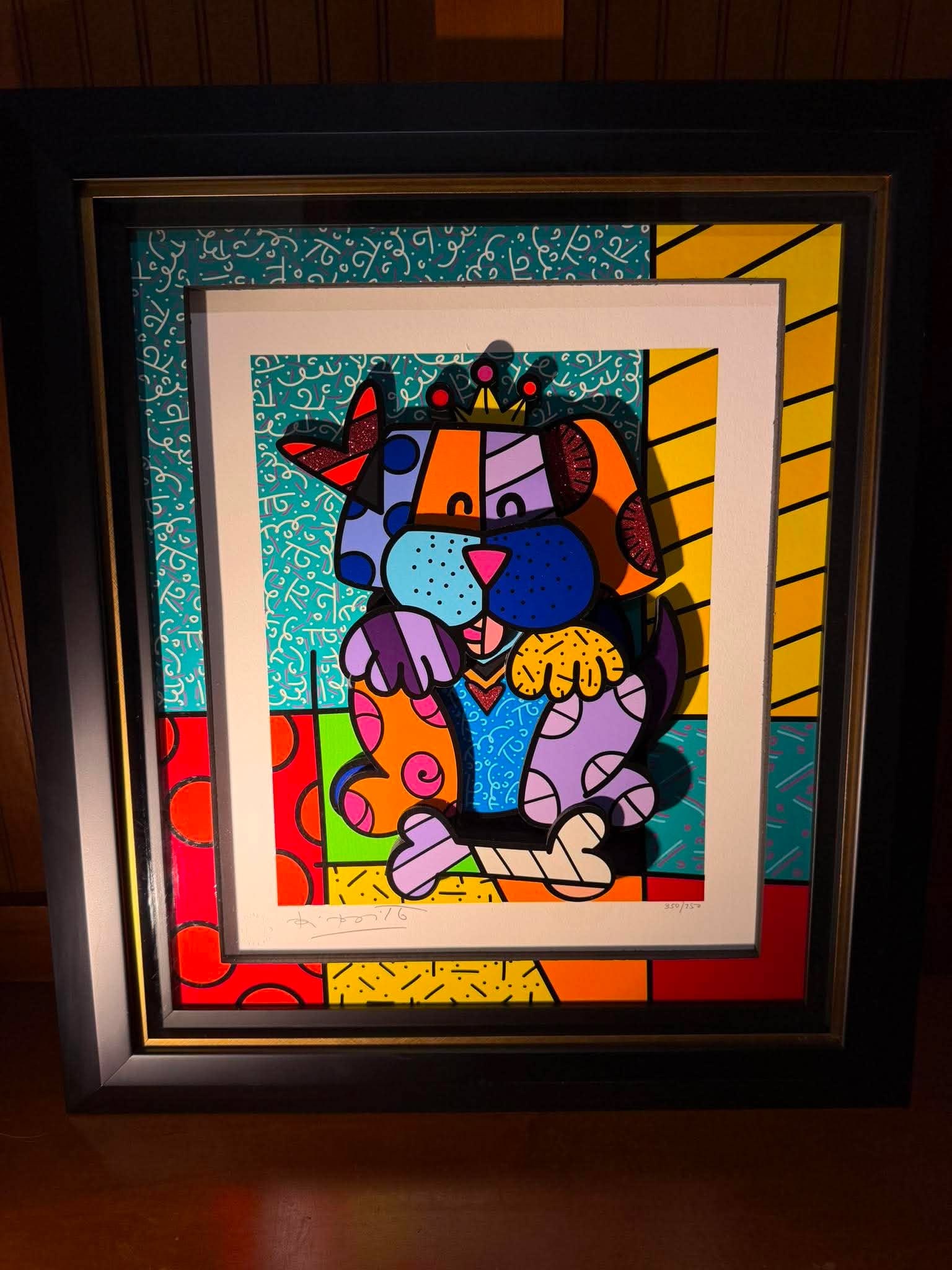 Romero Britto Dog with Bone: Romero Britto "Dog with Bone" 2015 21" x 18" image size Three -dimensional serigraphy construction in color with hand-applied glitter and cut-outs in serigraphy. Hand-signed in pencil by the artist.