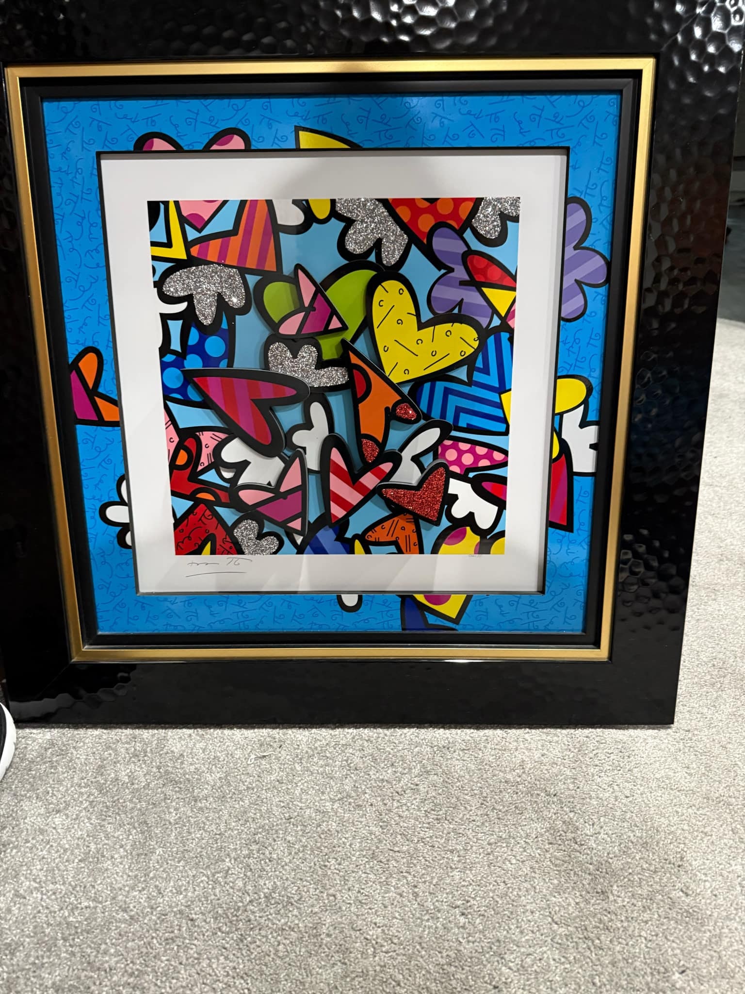 Romero Britto "Infinity": Romero Britto "Infinity" 2019 22 1/2" x 22 1/2" image size sculptograph (three dimensional multimedia construction) with archival UV ink and hand-applied diamond dust. Hand-signed in pencil lower