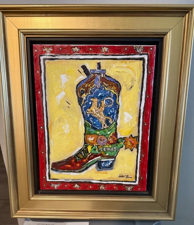 Leslie Lew "Cowboy Boot 3D": Leslie Lew "Cowboy Boot 3D" 2017 18" x 14" image size Sculpted acrylic monotype on canvas. Hand-signed in pigment by the artist. Signed and titled on the verso a unique work. Gallery Framed, COA,