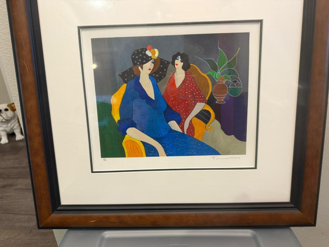 Itzchak Tarkay "Hazel Confiding": Itzchak Tarkay "Hazel Confiding" 2004 8 7/8 x 11 3/16" image size serigraph in color on wove paper. Signed in pencil lower right and numbered. Gallery framed, COA
