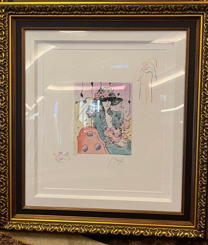 Peter Max "Brown Lady (Dove/Angel with Heart)" unique: Peter Max "Brown Lady (Dove/Angel with Heart)" Unique 2017 11 1/8" x 8 7/8" image size Etching with hand-coloring and unique hand drawn colored pencil remarques of a dove in the lower left corner and