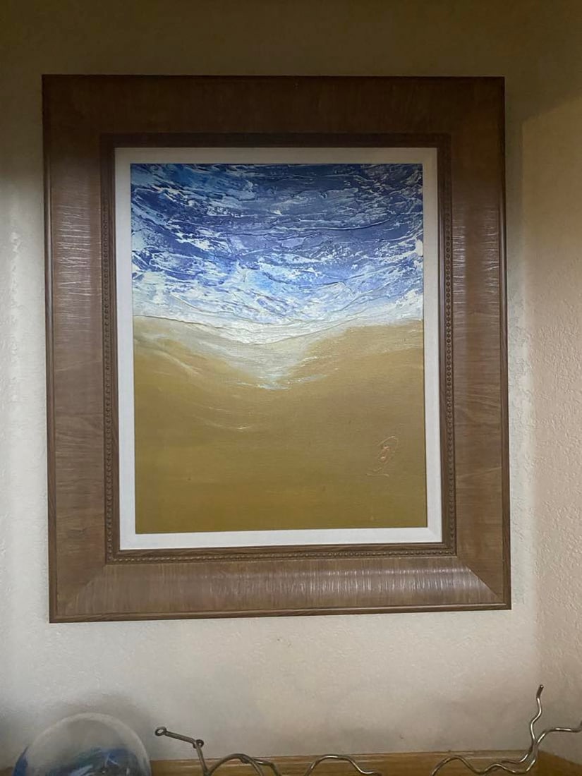 Clare Sykes "Seaside Travels 1": Clare Sykes "Seaside Travels 1" 2018 20" x 16" image size mixed-media with oil paint and ink on canvas on board. Hand-signed in pigment lower right by the artist. A unique work. Gallery framed, COA,