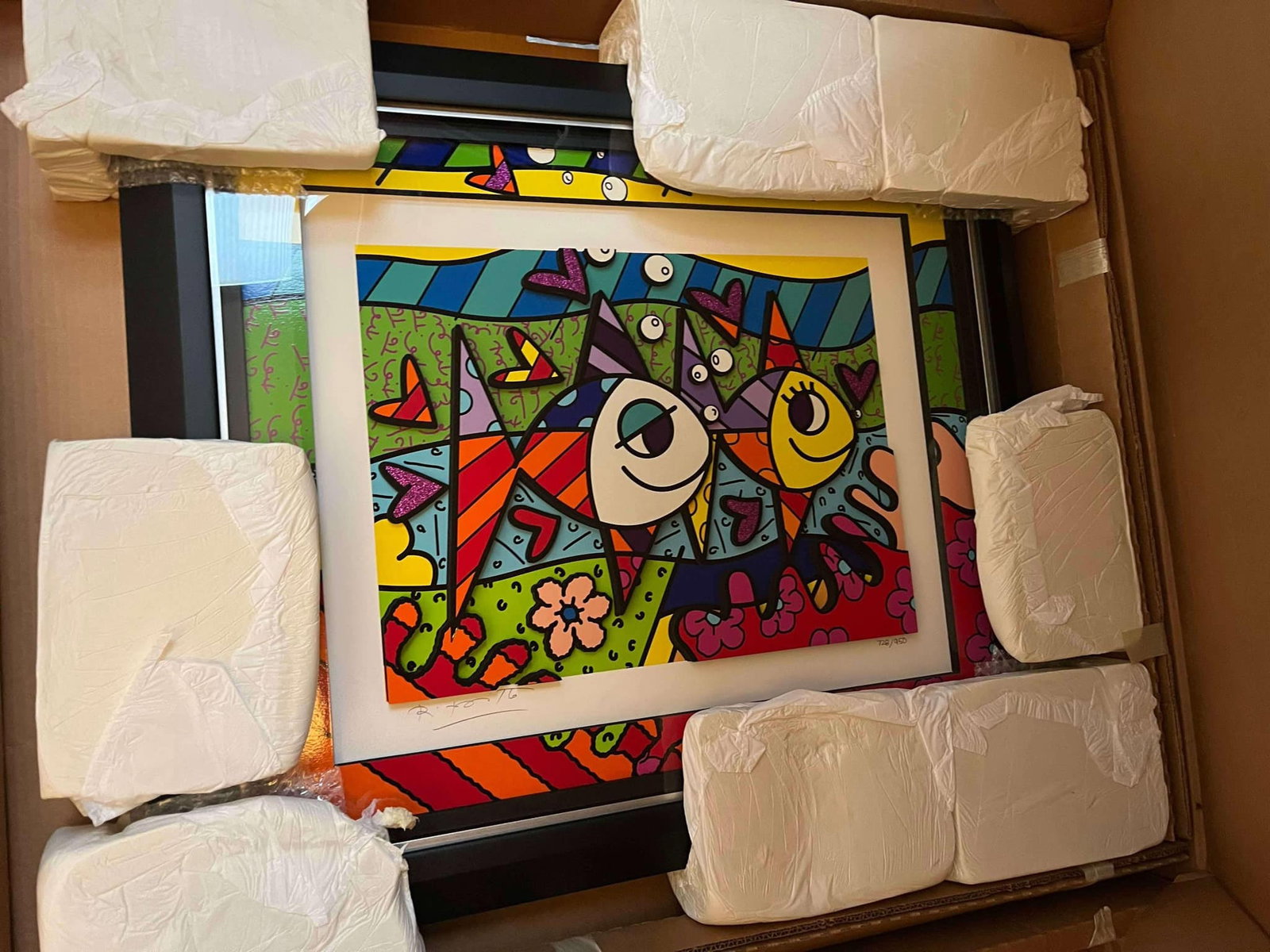 Romero Britto - "Follow Me Please": Romero Britto "Follow Me Please" sculptograph framed dimensions 29" x 34"