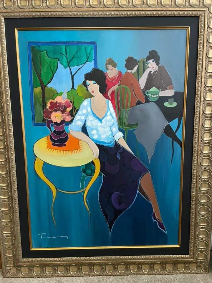 Itzchak Tarkay "At a Glance": Itzchak Tarkay "At a Glance" 2006 35 1/2" x 26" image size Acrylic painting on canvas. Signed in pigment lower left. A unique work. Gallery framed, COA, Appraisal