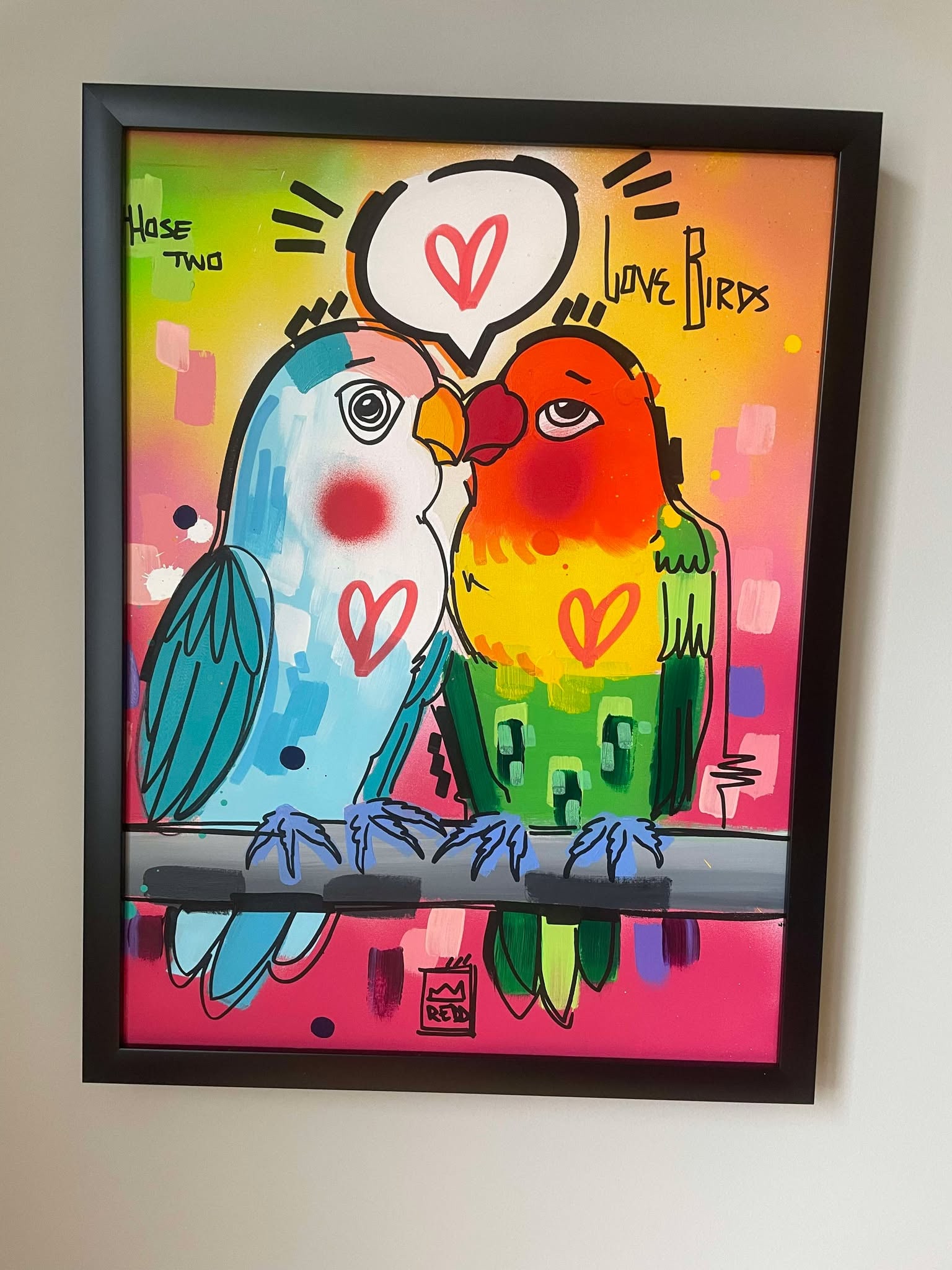 King Redd "Love Birds": King Redd "Love Birds" 2023 24" x 18" image size Acrylic painting on canvas. Hand signed in pigment lower center by the artist. A unique work. Gallery framed, COA, appraisal