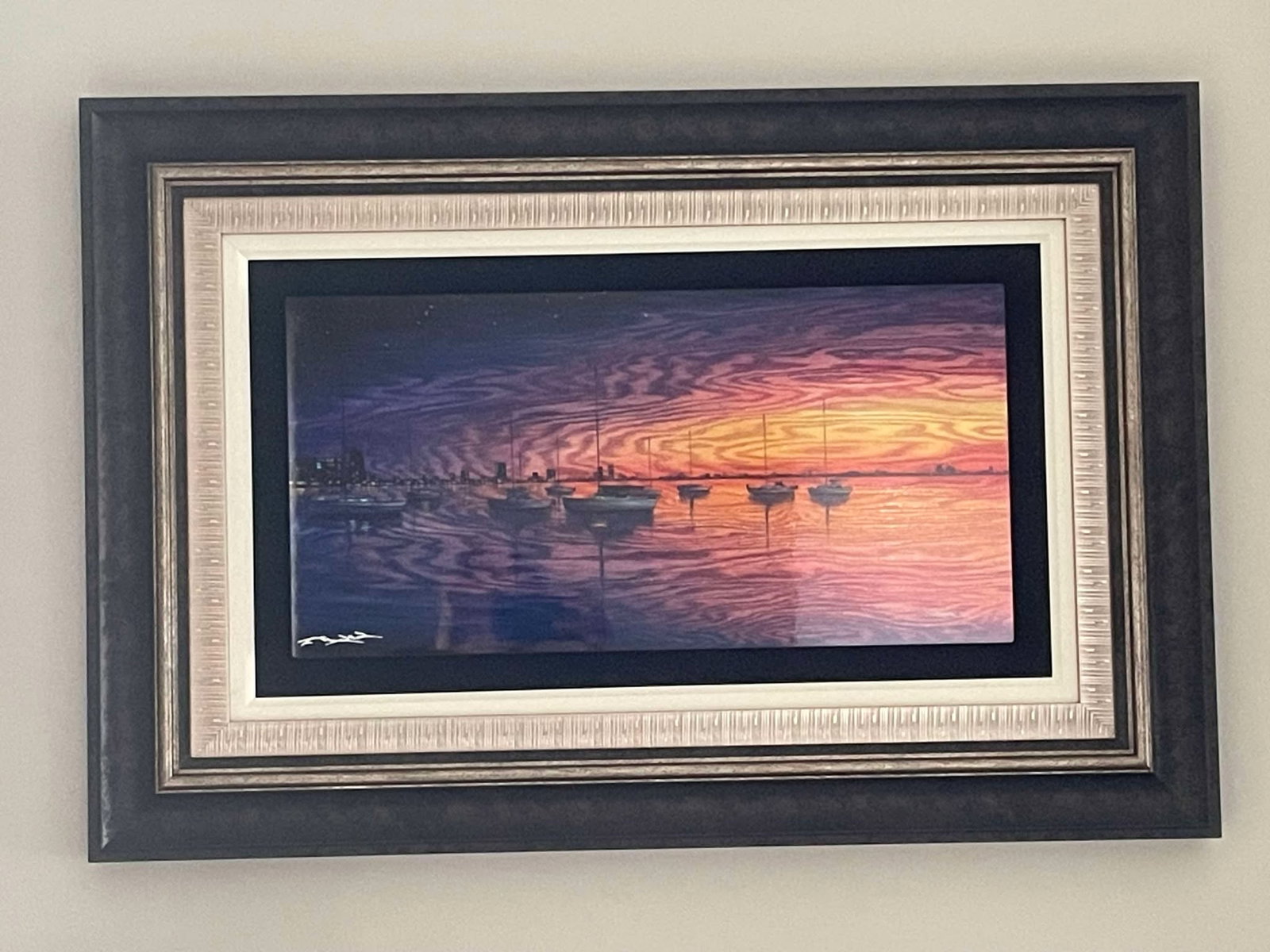 Matt Beyrer "Regatta Horizon": Matt Beyrer "Regatta Horizon" 2019 12 1/4" x 24 1/2" image size Caldograph (dye sublimation on wood). Hand-signed in pigment lower left by the artist. Gallery framed, COA, Appraisal